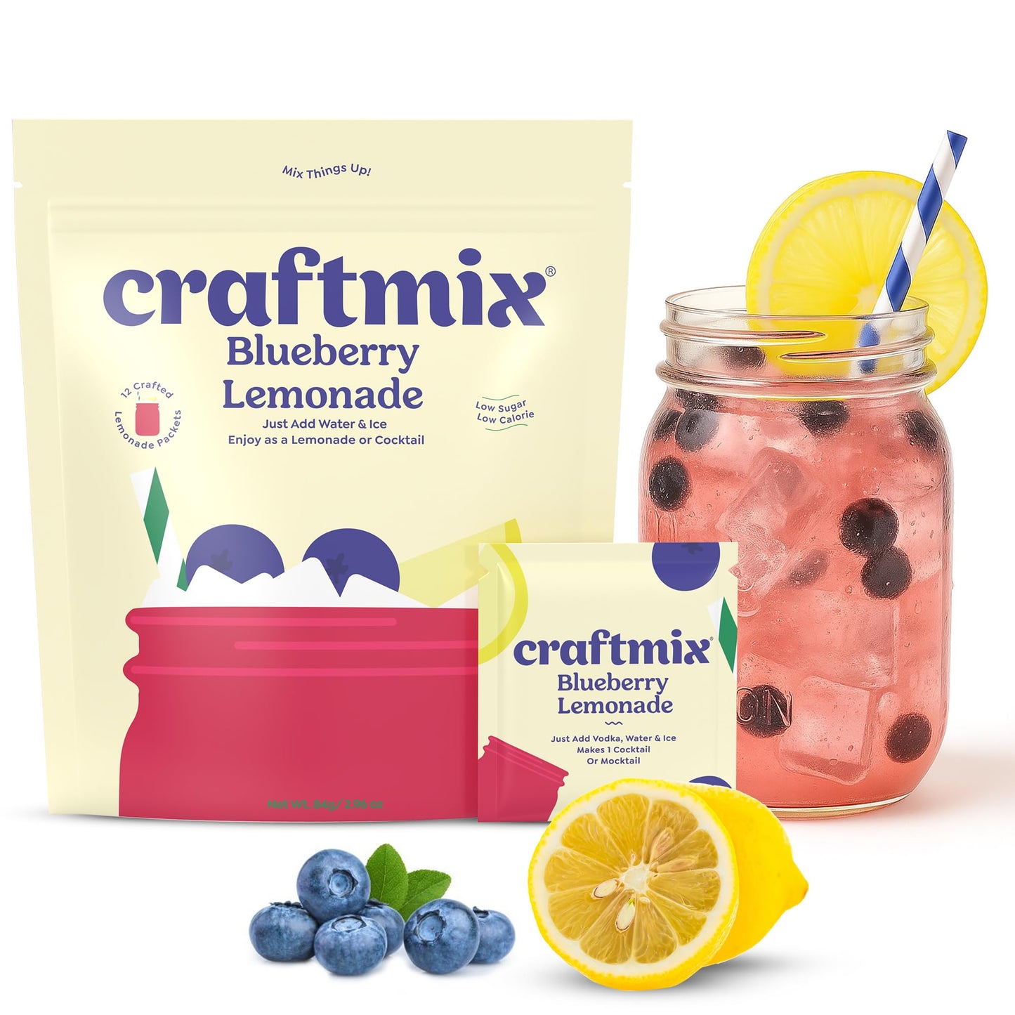 Craftmix Blueberry Lemonade Mix, 12 Packets, Easy Powder Drink With Real Fruit, Low-Sugar, Vegan, Low-Carb, Non-Gmo, Dairy-Free, Gluten-Free, Flavored Water Enhancer, On-The-Go Water Flavoring Packets
