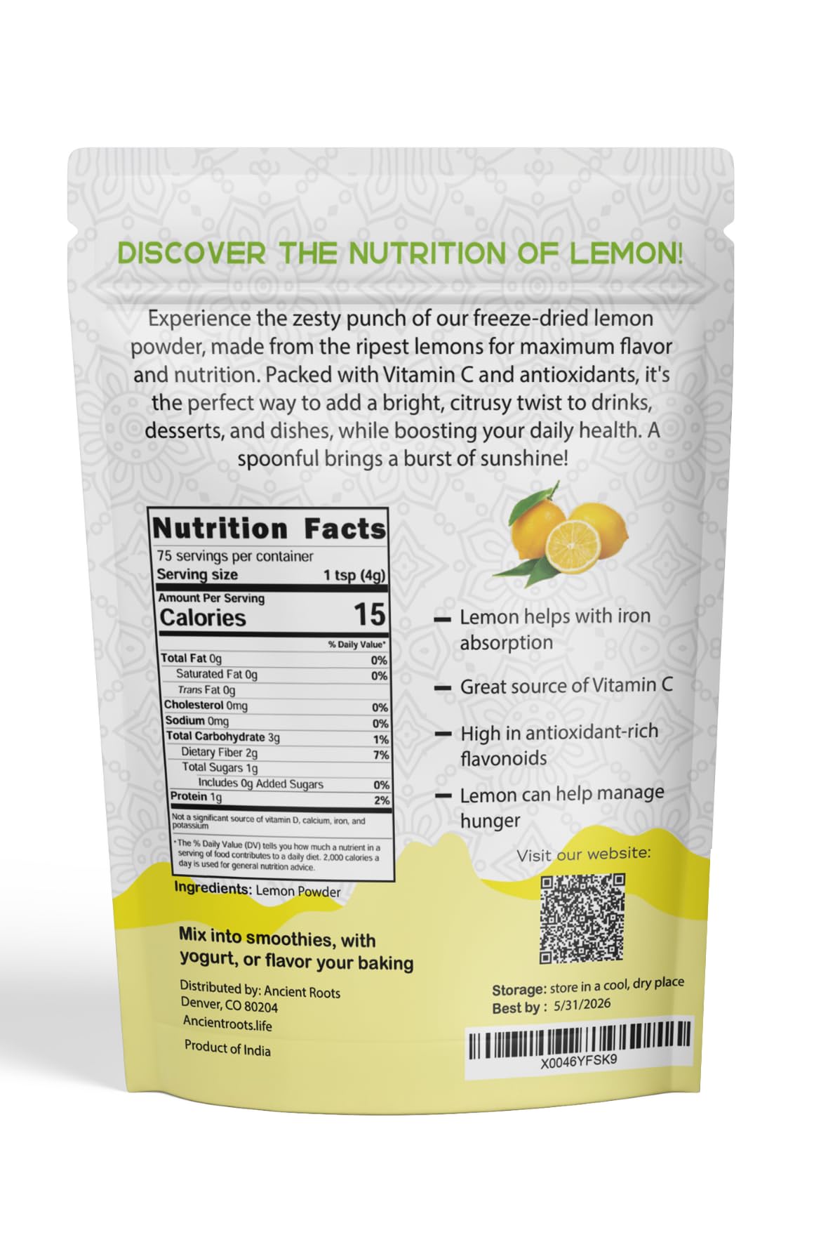 Ancient Roots Lemon Powder - Freeze-Dried, All-Natural, No Sugar Added, Pure Citrus Fruit Powder, Natural Electrolyte, Good For