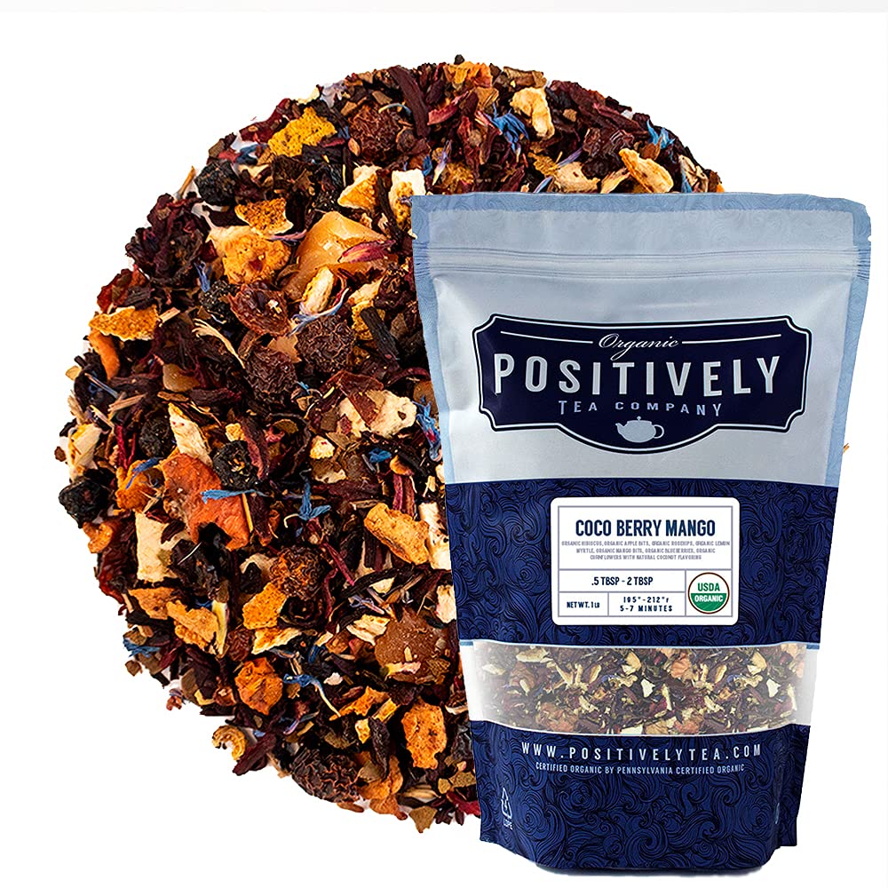 Organic Positively Tea Company Coco Berry Mango Herbal Tea Loose Leaf 16 Ounce