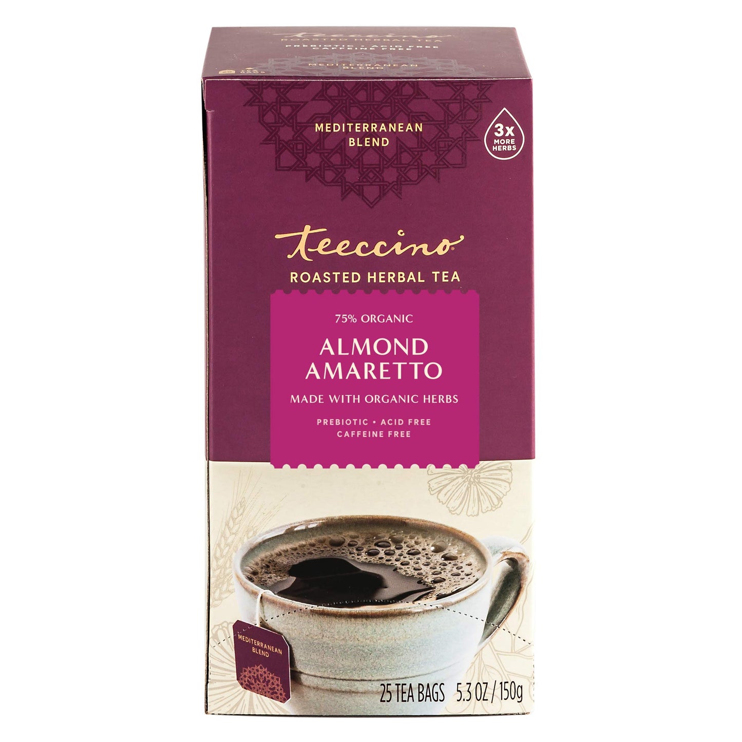 Teeccino Almond Amaretto Herbal Tea - Caffeine Free, Prebiotic, 25 Tea Bags (3 Pack)