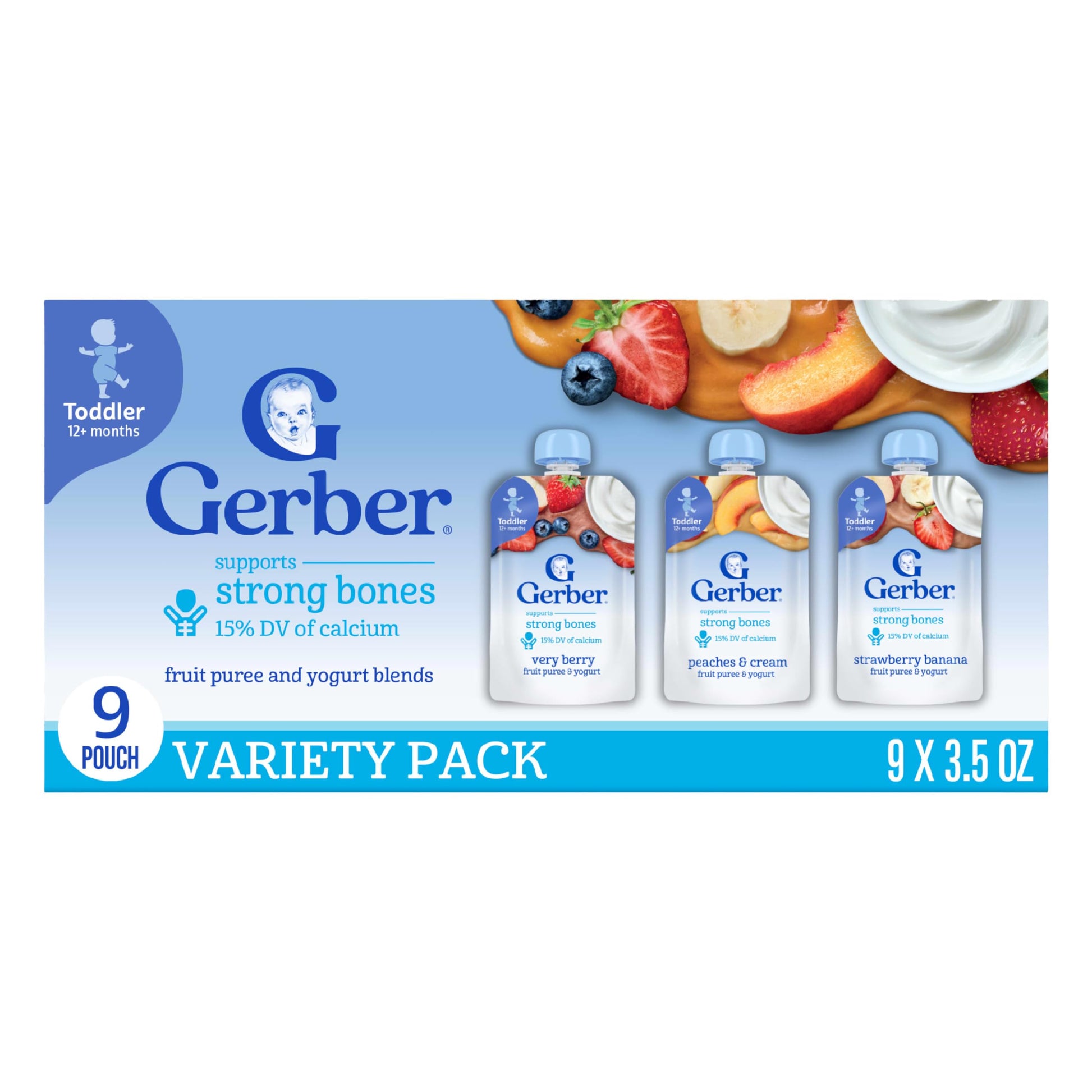 Gerber Baby Food Pouches, Very Berry (3), Peaches & Cream (2), Strawberry Banana (2), Value Pack, Fruit and Yogurt, Toddler, (3.