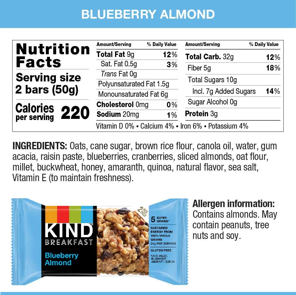 Kind Breakfast Bars, Blueberry Almond, Gluten Free, 1.8Oz, 24 Count
