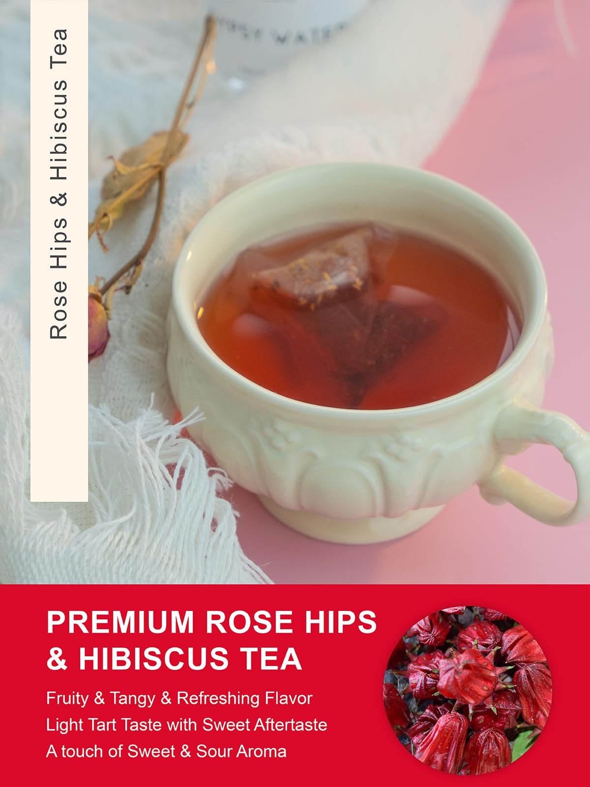 TeeLux Rosehip & Hibiscus Tea Bags, Caffeine Free, Slightly Tart & Fruity, 60 Count