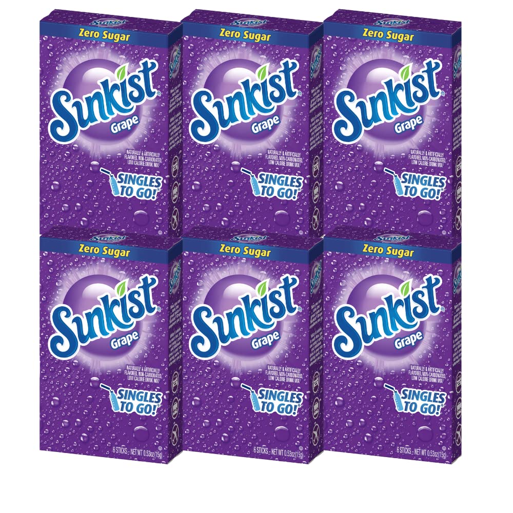 SINGLES TO GO! Sunkist Singles-To-Go Drink Mix, Grape, Low-Calorie, Zero Sugar, 6 CT, 1 Ounce (Pack of 6)