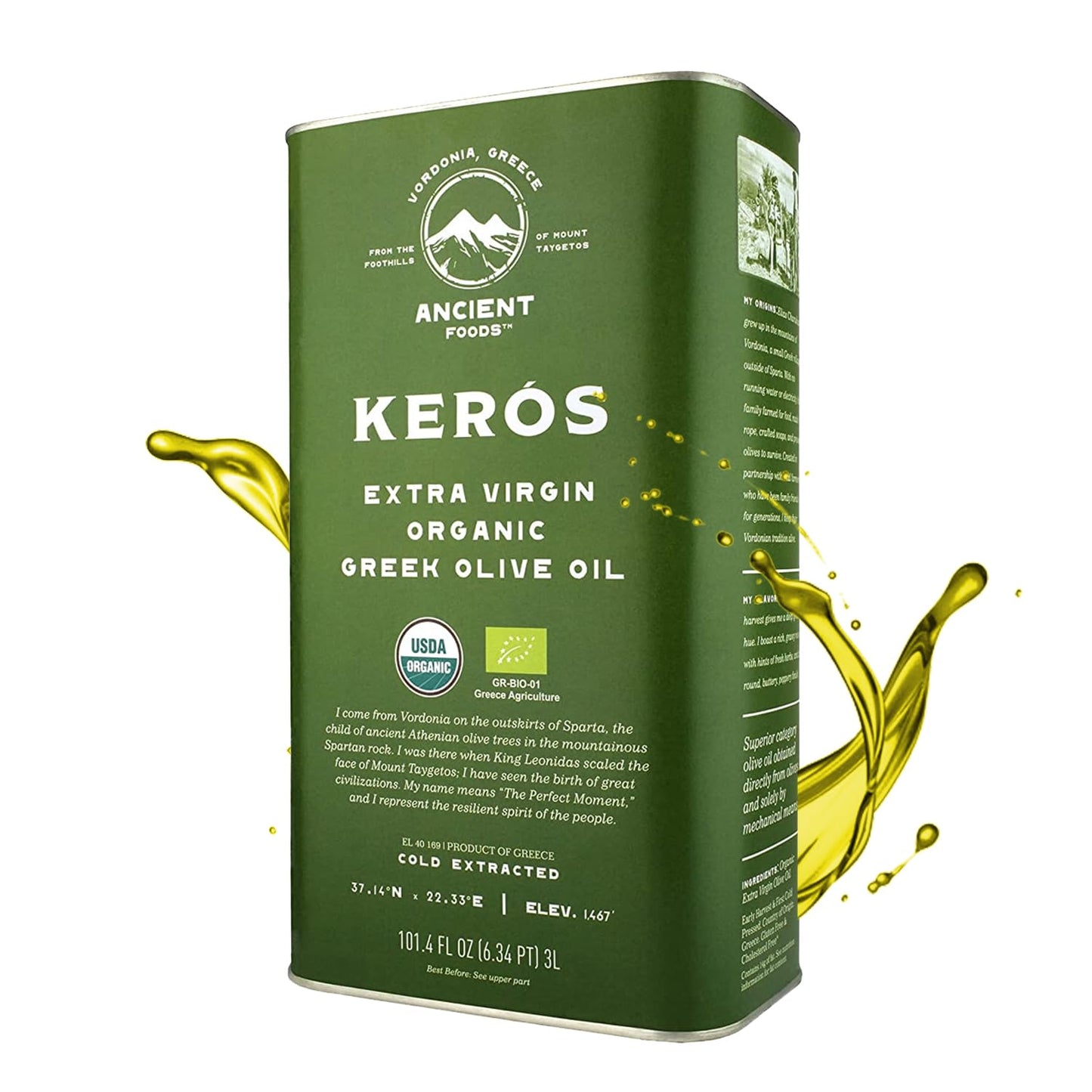 Ancient Foods Keros Greek Organic Extra Virgin Olive Oil - Cold Pressed Olive Oil from Greece, High Phenolic Organic Olive Oil f