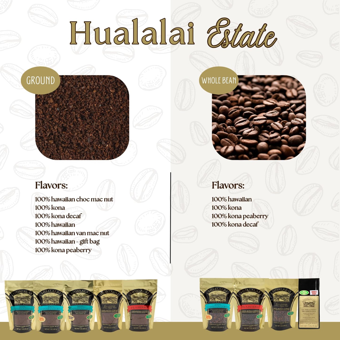 Hualalai Estate Whole Bean 100% Kona Coffee - Medium Dark Roasted Hawaiian Grown Beans - Pesticide-Free Gourmet Grade Premium Coffee (7 Oz)