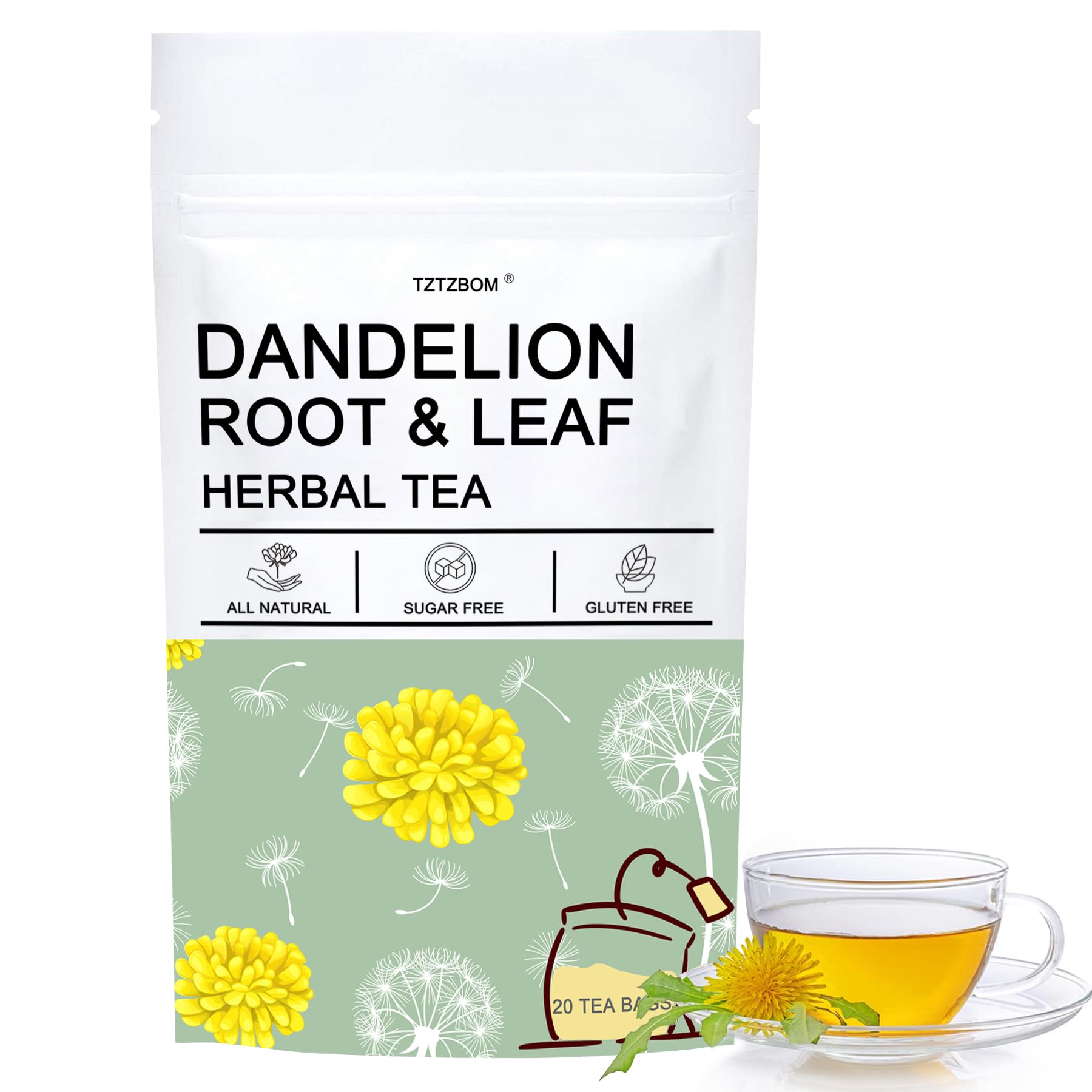 TZTZBOM Dandelion Leaf & Root Tea Bags, Non-GMO, Caffeine-Free, 20 Count