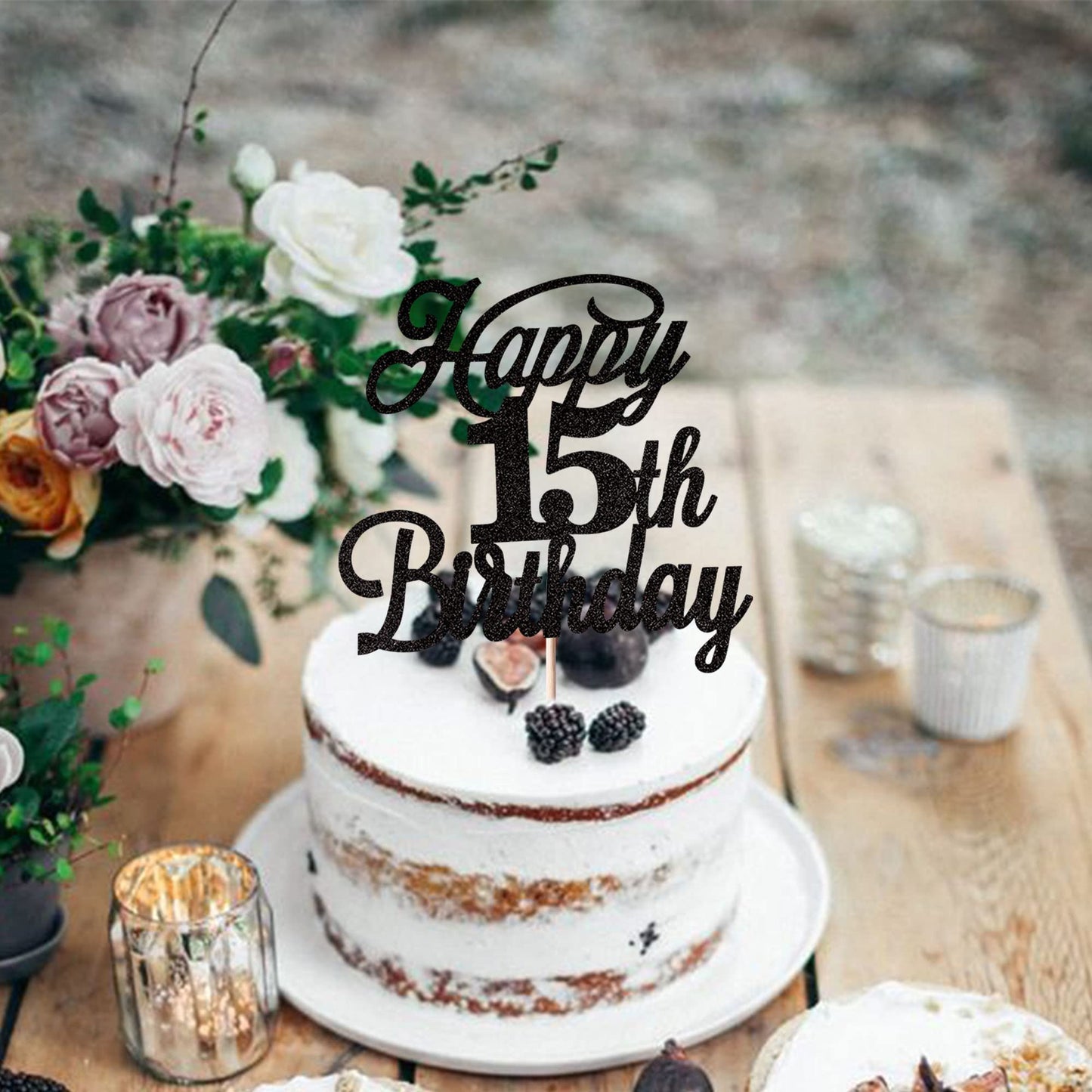 Rssta i Happy 15th Birthday Cake Topper Black Glitter - 15 & Fabulous Party Decoration