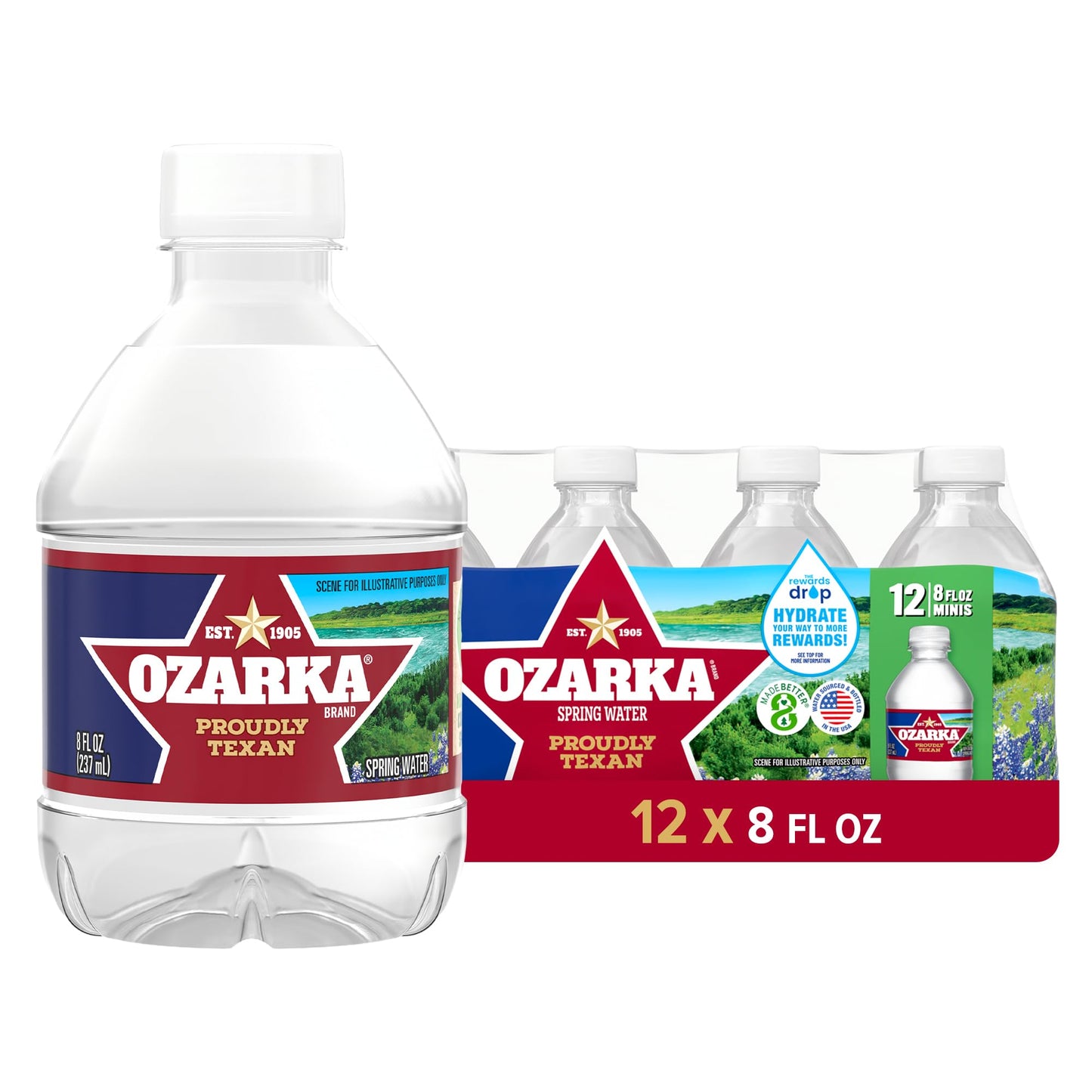 Ozarka Texas Spring Water Bottles, 12 Pack - Still Drinking Water with Naturally Balanced Minerals for a Crisp Clean Taste - 8 F