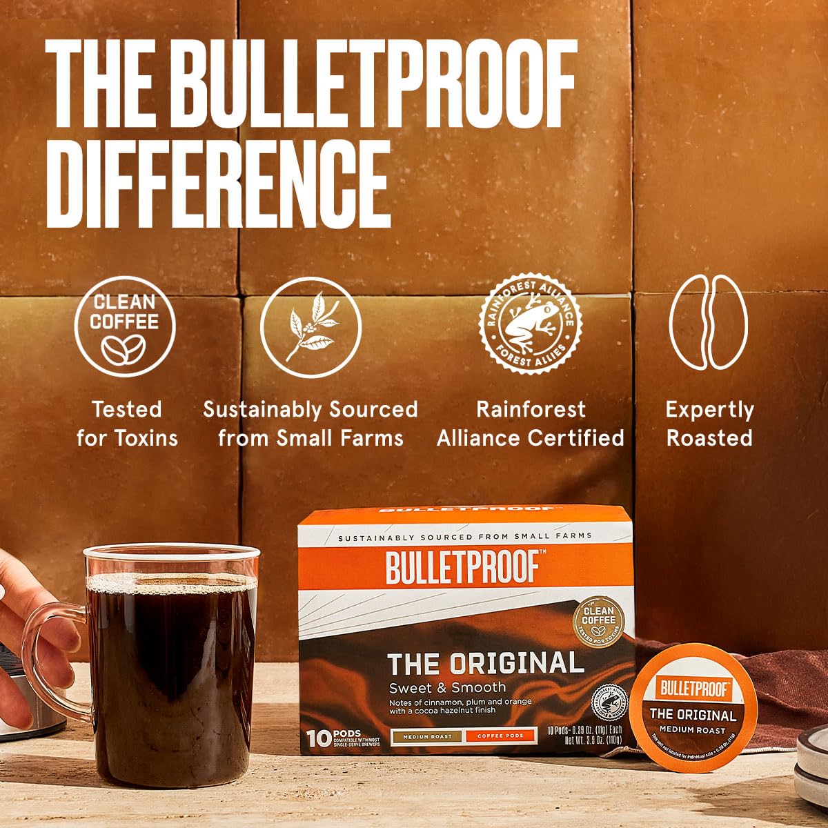 The Original Single-Serve Pods, Medium Roast, 10 Count, Bulletproof Keto, 100% Arabica Coffee, Certified Clean Coffee, Rainfores