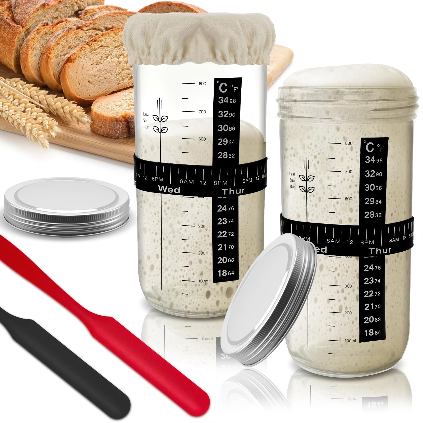 Bowasin Sourdough Starter Jar Glass 2 Pack 34Oz Sourdough Starter Kit Sourdough Jar Sour Dough Starter Jars With Marked Feeding Band Scraper  Cloth Cover And Aluminum Lid Large Wide Mouth Jars