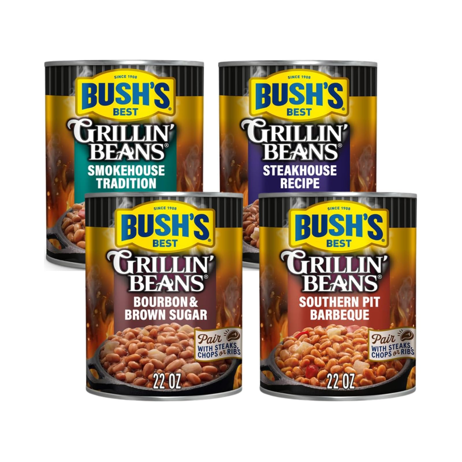 Bushs Best Grillin Beans Variety Pack, 4 Flavors, 88 Ounce Total, Smokehouse Tradition, Southern Pit Barbecue, Steakhouse Recipe, Bourbon & Brown Sugar