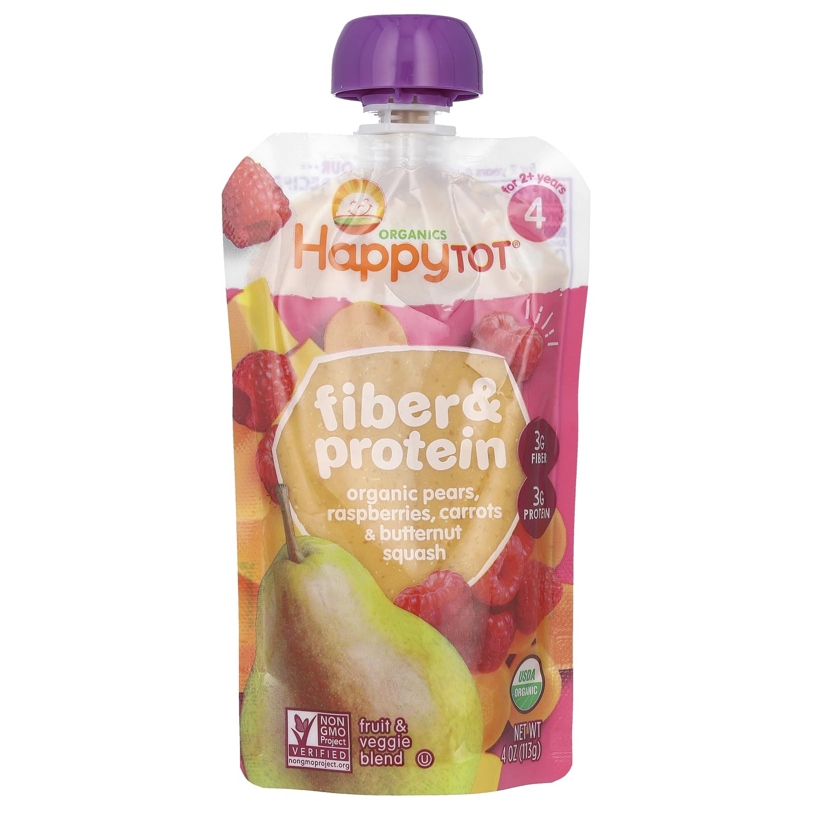 Happy Tot Organics Baby Food Fibre Protein Peer Raspberry Squash Organic, 4 Ounce