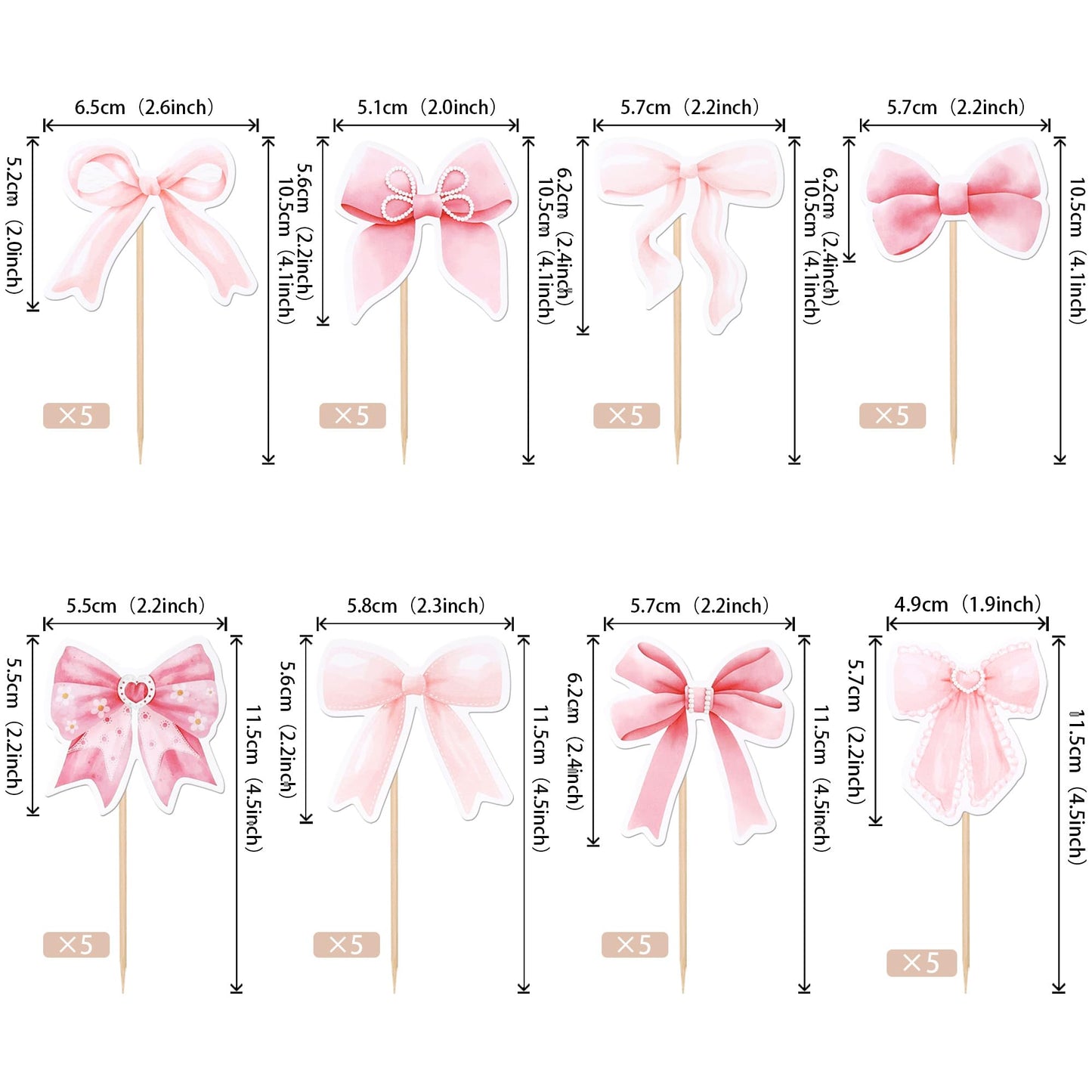 YCTHUNFISH Bowknot Cupcake Toppers - 40 Pack Paper Picks for Wedding, Bridal Shower, Birthday Party - Pink Decor