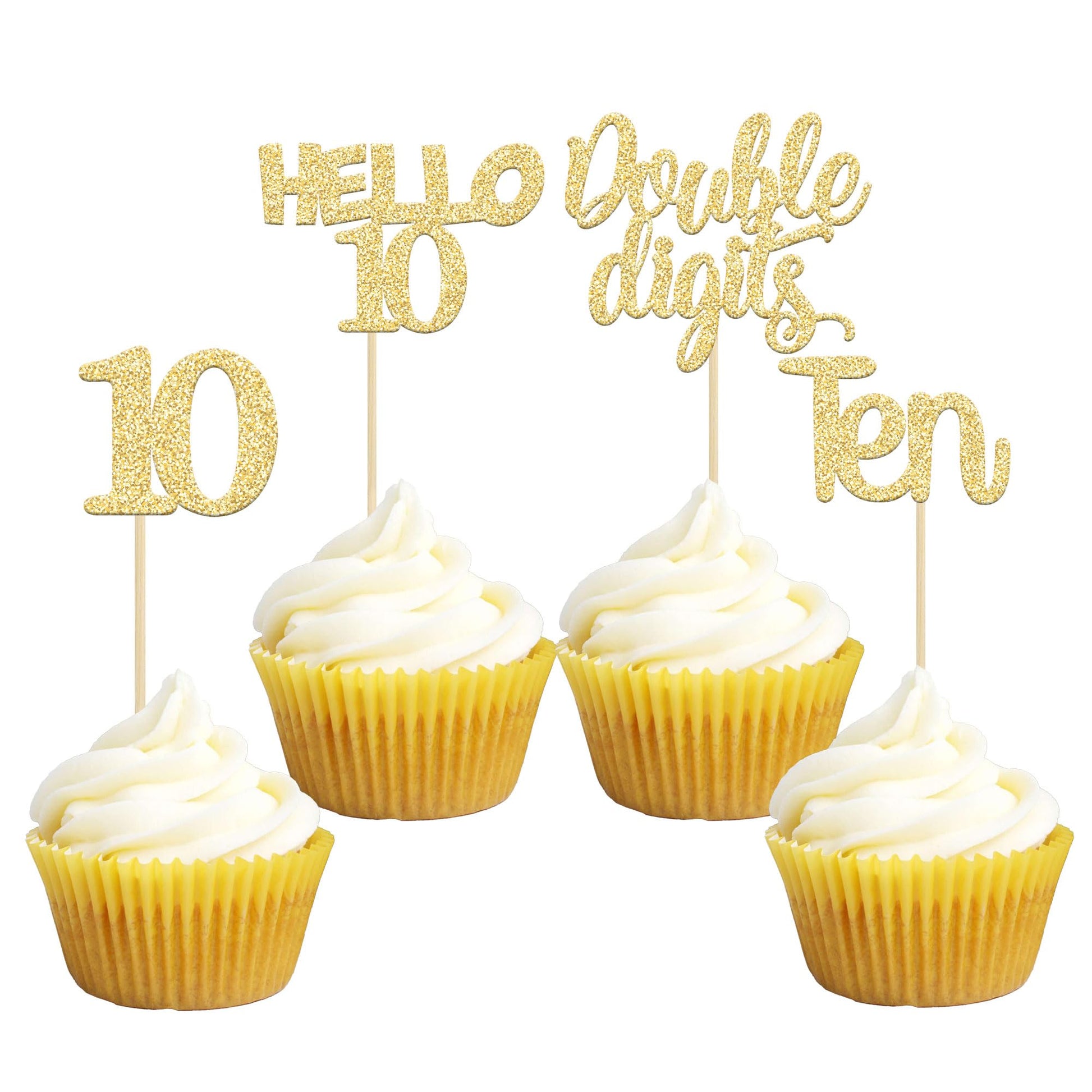 Gyufise 24Pcs Gold Glitter 10Th Birthday Cupcake Toppers Double Digits Cupcake Toppers Hello 10 Ten Cupcake Picks For 10Th Birth