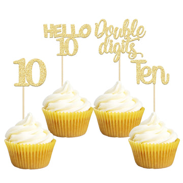 Gyufise 24Pcs Gold Glitter 10Th Birthday Cupcake Toppers Double Digits Cupcake Toppers Hello 10 Ten Cupcake Picks For 10Th Birth