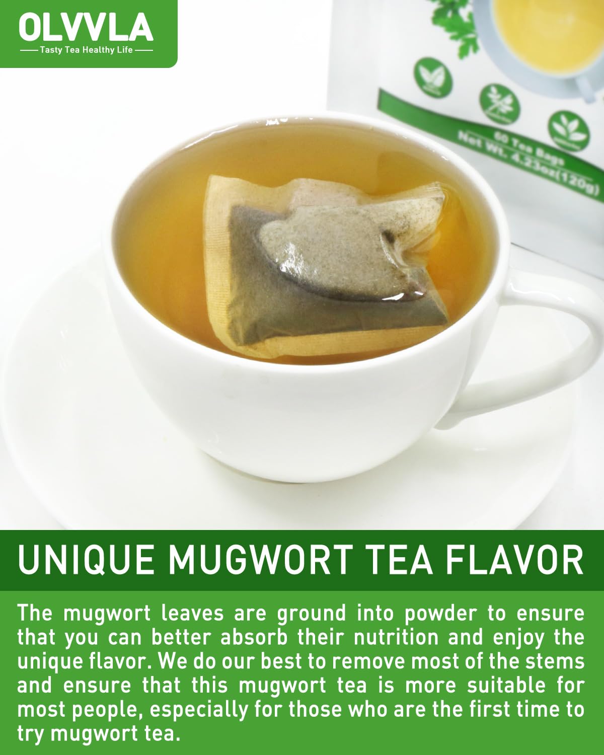Olvvla Premium Mugwort Tea Bags - 100% Pure, Caffeine-Free, Antioxidant-Rich - 60 Count Pack