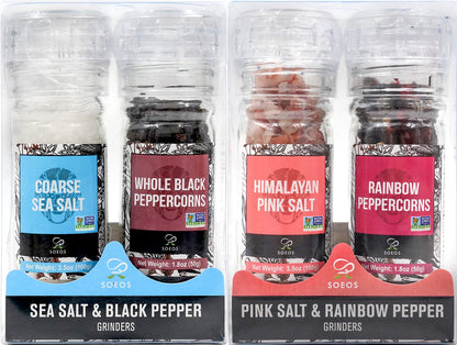 Soeos Black Peppercorns + White Sea Salt + Rainbow Peppercorns + Pink Salt, 10.6oz (300.50g), Salt and Pepper Set, Spice Grinder