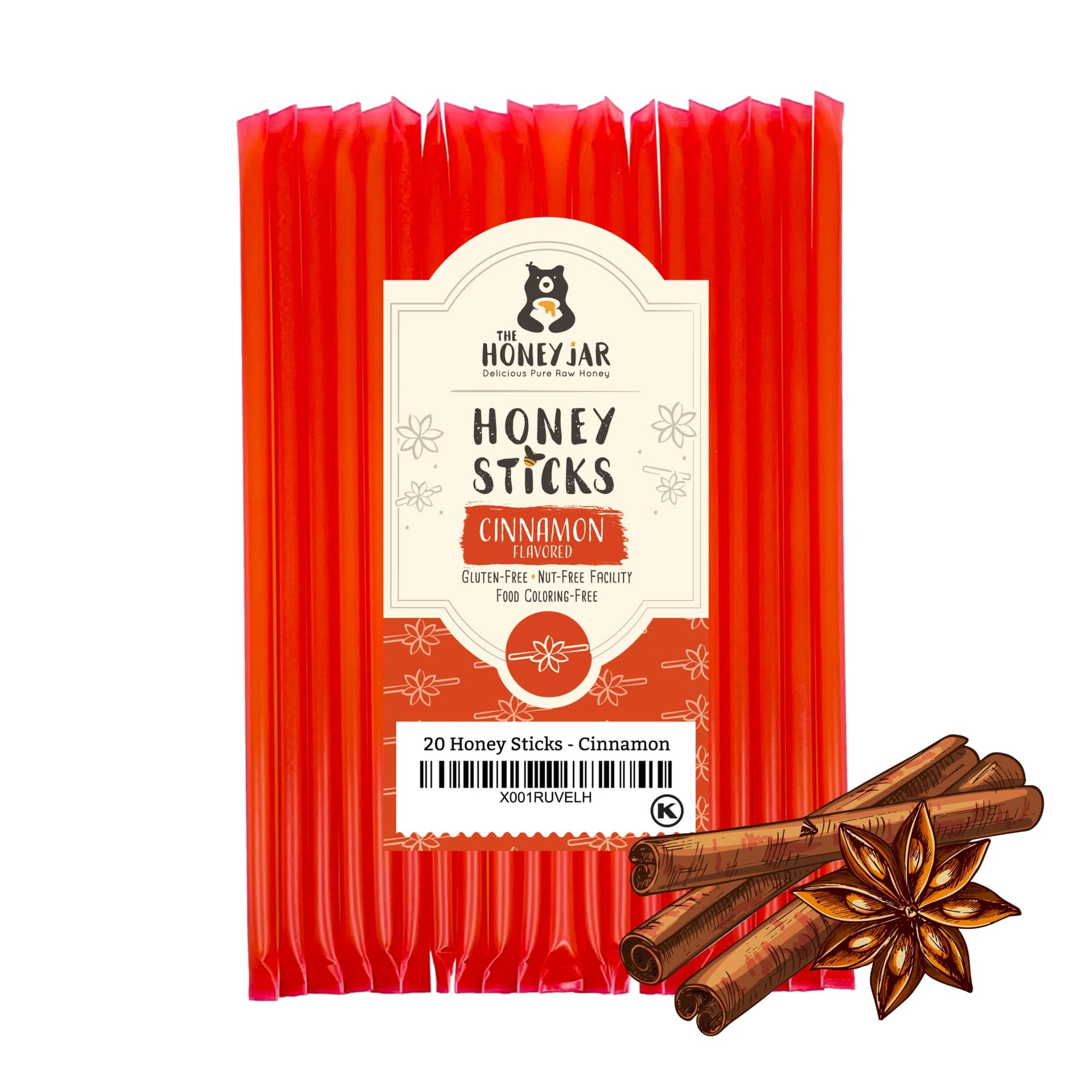 The Honey Jar Cinnamon Flavored Honey Sticks - Pure Honey Straws - 20 Count Pack for Tea and Coffee