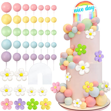 46 Pcs Acrylic Rainbow Cake Toppers Colorful Balls Cake Decorations Boho Daisy Flower Cake Toppers For Wedding Baby Shower Birth