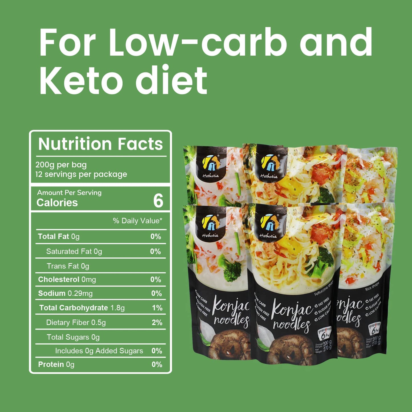 Hethstia Shirataki Noodle Low-Carb Pasta and Rice Variety Pack- Spaghetti, Fettuccine and Rice, Low Calorie Konjac Pasta Gluten