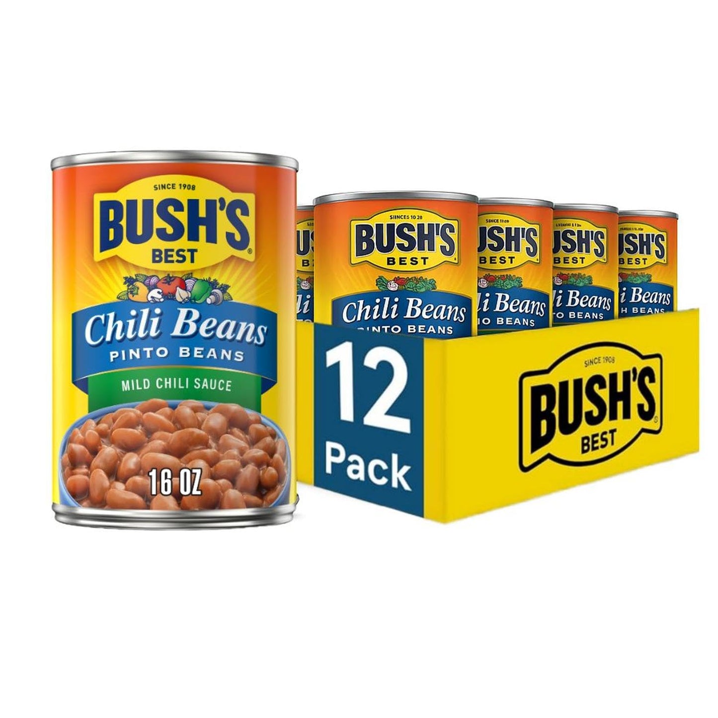 Bushs Canned Mild Red Chili Beans (Pack of 1), Plant-Based Protein, Excellent Source of Fiber, Low Fat, Gluten Free, in Mild Chili Sauce, 16 oz
