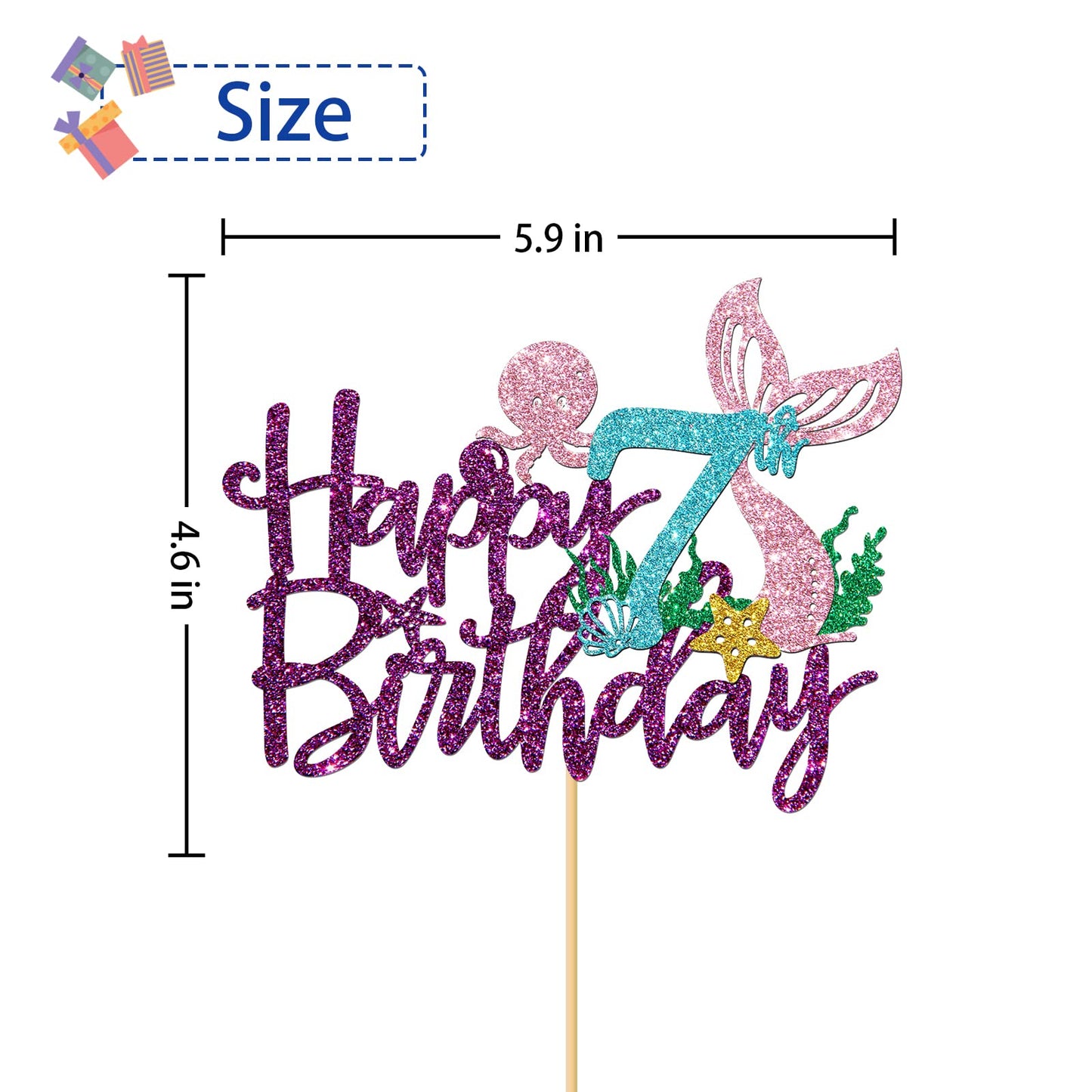 RoadSea Cake Topper - Under The Sea Theme, Purple Glitter, 7th Birthday Decoration, Food Grade Safety Cardboard