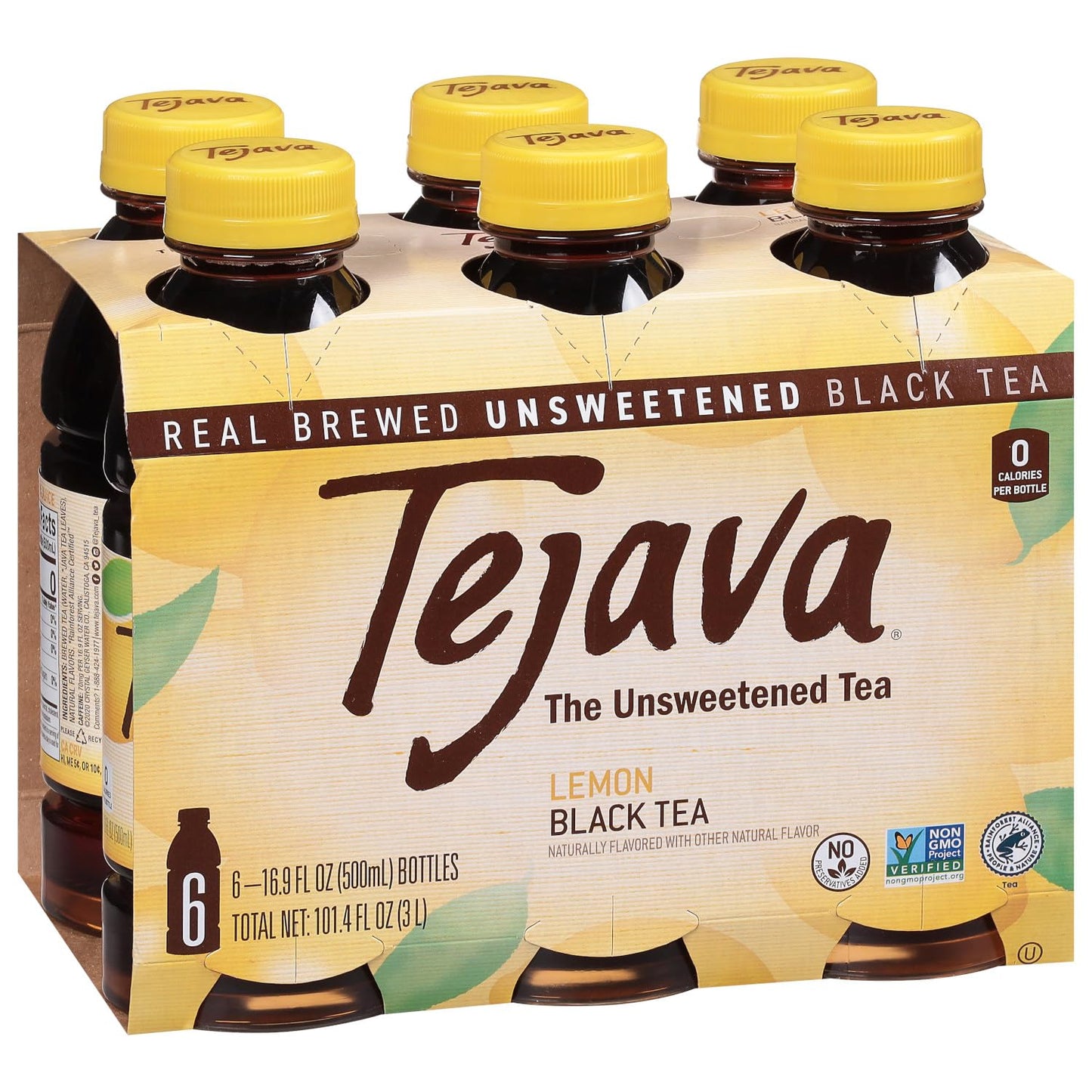 Tejava Lemon Black Iced Tea, 6 Pack, 16.9oz PET Bottles, Unsweetened, Non-GMO, Kosher, No Sugar or Sweeteners, No calories, No P