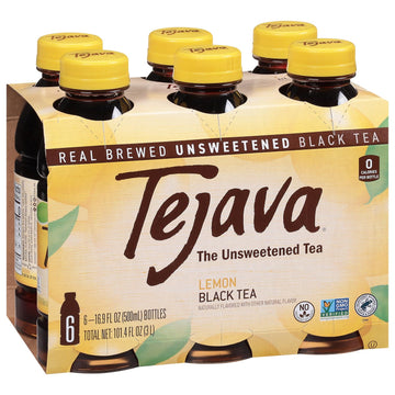 Tejava Lemon Black Iced Tea, 6 Pack, 16.9oz PET Bottles, Unsweetened, Non-GMO, Kosher, No Sugar or Sweeteners, No calories, No P