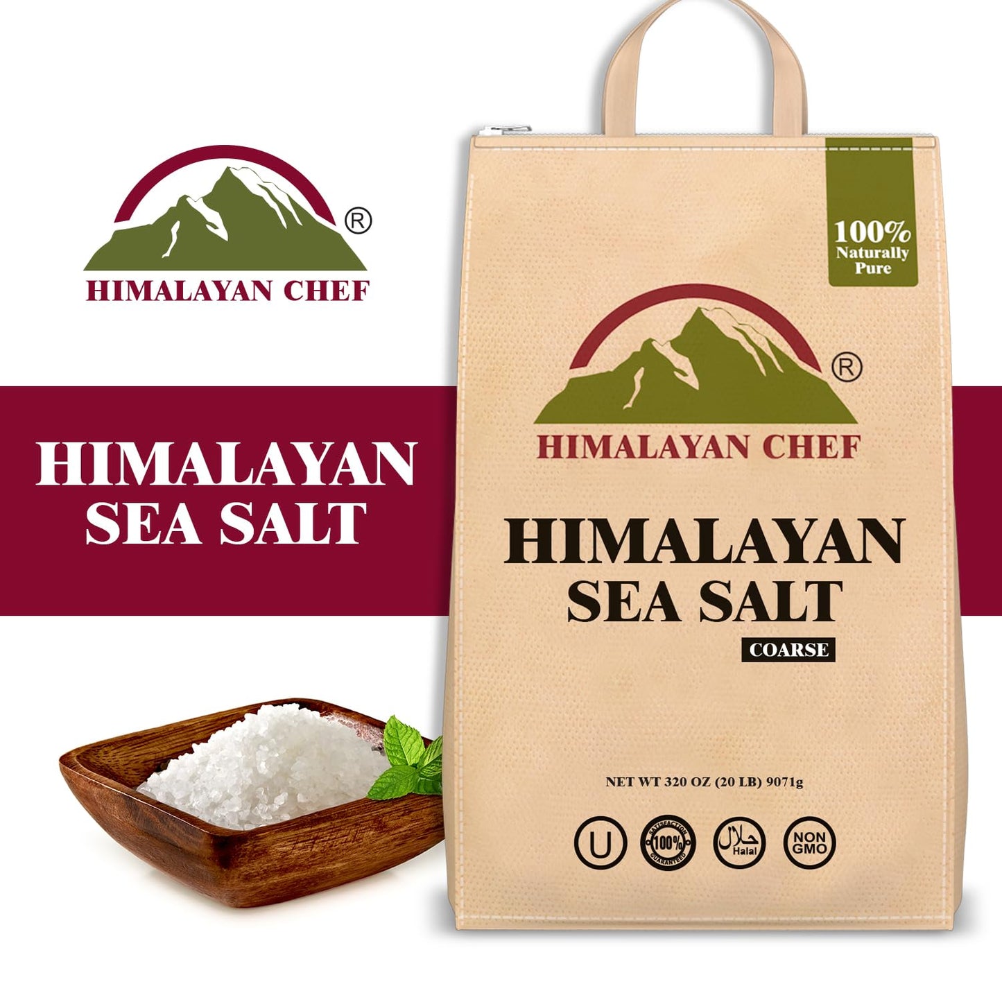 Himalayan Chef Sea Salt, Coarse Grain, 640 Ounces Mineral Salt, Pure & Natural Sun Dried Sea Salt, Unrefined, Gluten Free, Grind