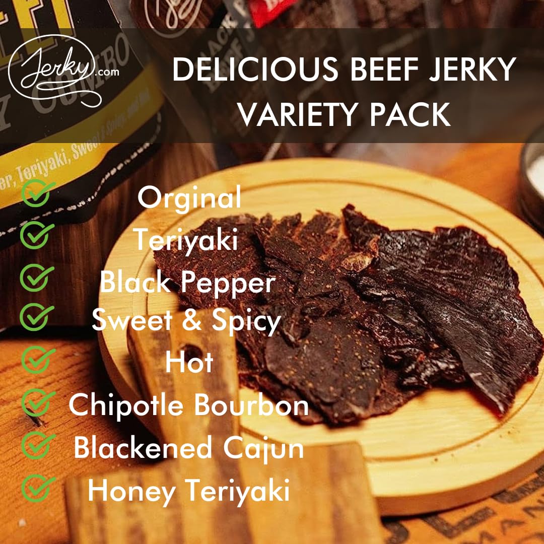 Jerky.Com Beef Jerky Sampler - Featuring Original, Black Pepper, Teriyaki, Sweet & Spicy, Hot, Habanero, Blackened Cajun, Honey