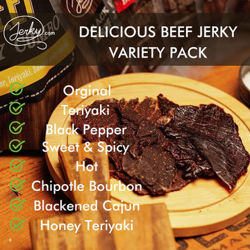Jerky.Com Beef Jerky Sampler - Featuring Original, Black Pepper, Teriyaki, Sweet & Spicy, Hot, Habanero, Blackened Cajun, Honey