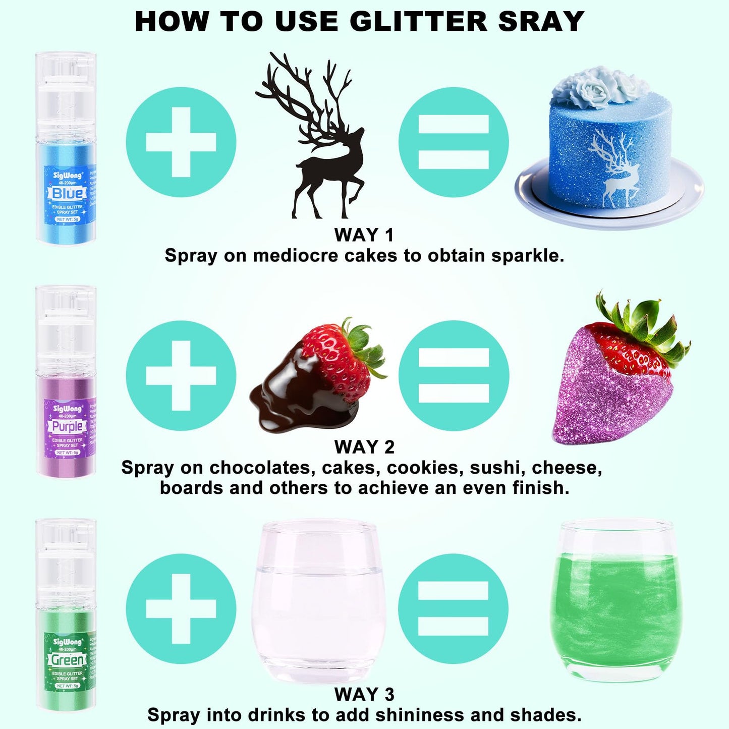 Edible Glitter Spray Set - 3 Color 100% Edible Glitter for Cakes, Cupcakes, Cake Pops, Drinks, Chocolate, Strawberries, Cookies,