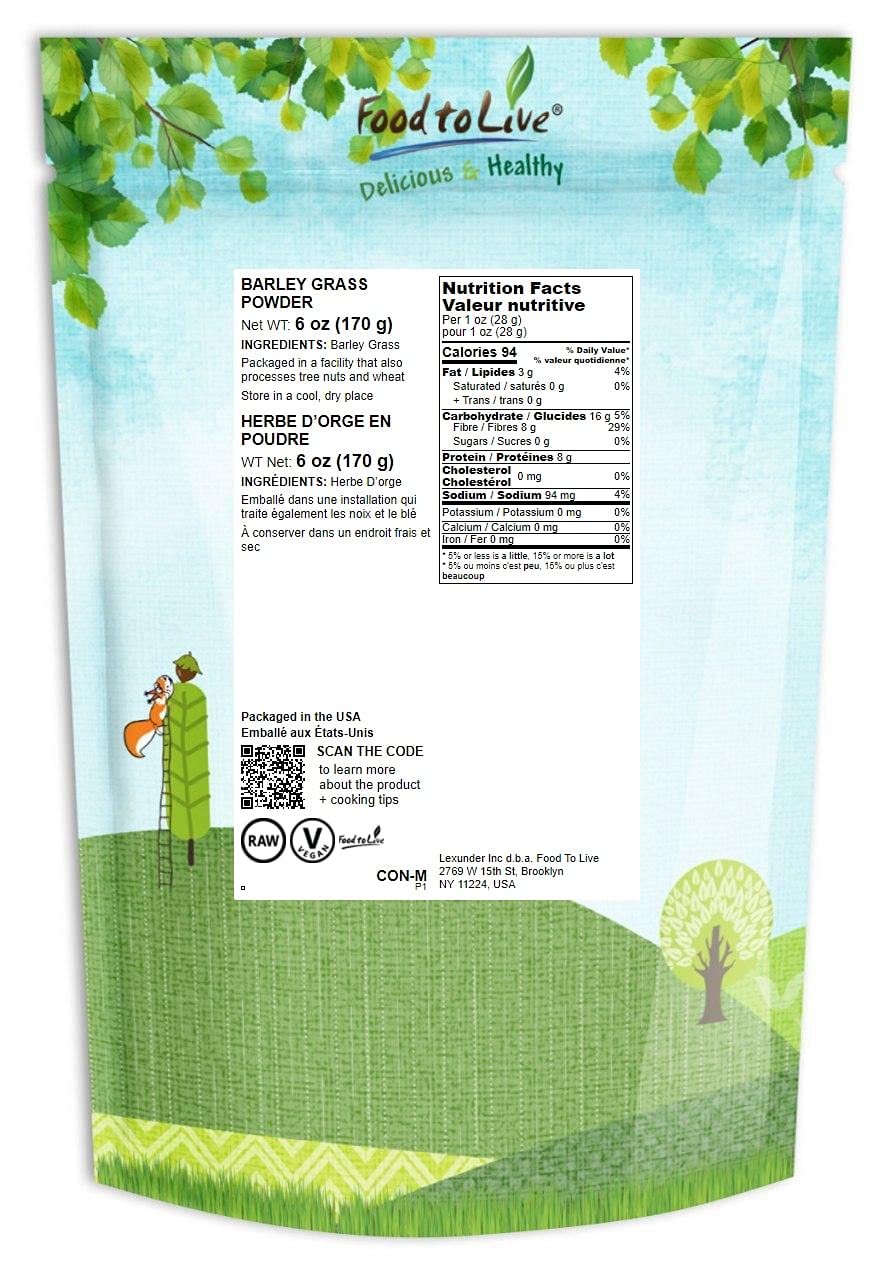 Food to Live Barley Grass Powder, Vegan Superfood, 6 Ounces, Fine Milled, Kosher, High in Fiber and Protein