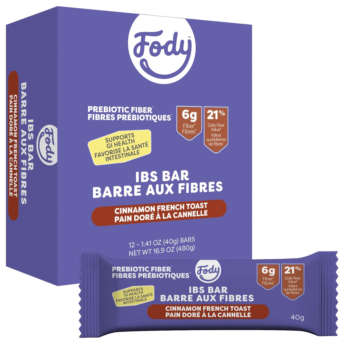 Fody Foods IBS Snack Bars, Cinnamon French Toast, 12 Count, 1.41 Oz Each, Low FODMAP, Gluten Free, Non-GMO