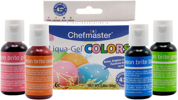 Chefmaster 4-Bottle Set Of Neon Food Coloring, Liqua-Gel® Vibrant Colors, Professional-Grade Dye For Easter Eggs, Icing, Frosting, Fondant, & Batters, Fade-Resistant, Made In Usa, 0.67 Oz