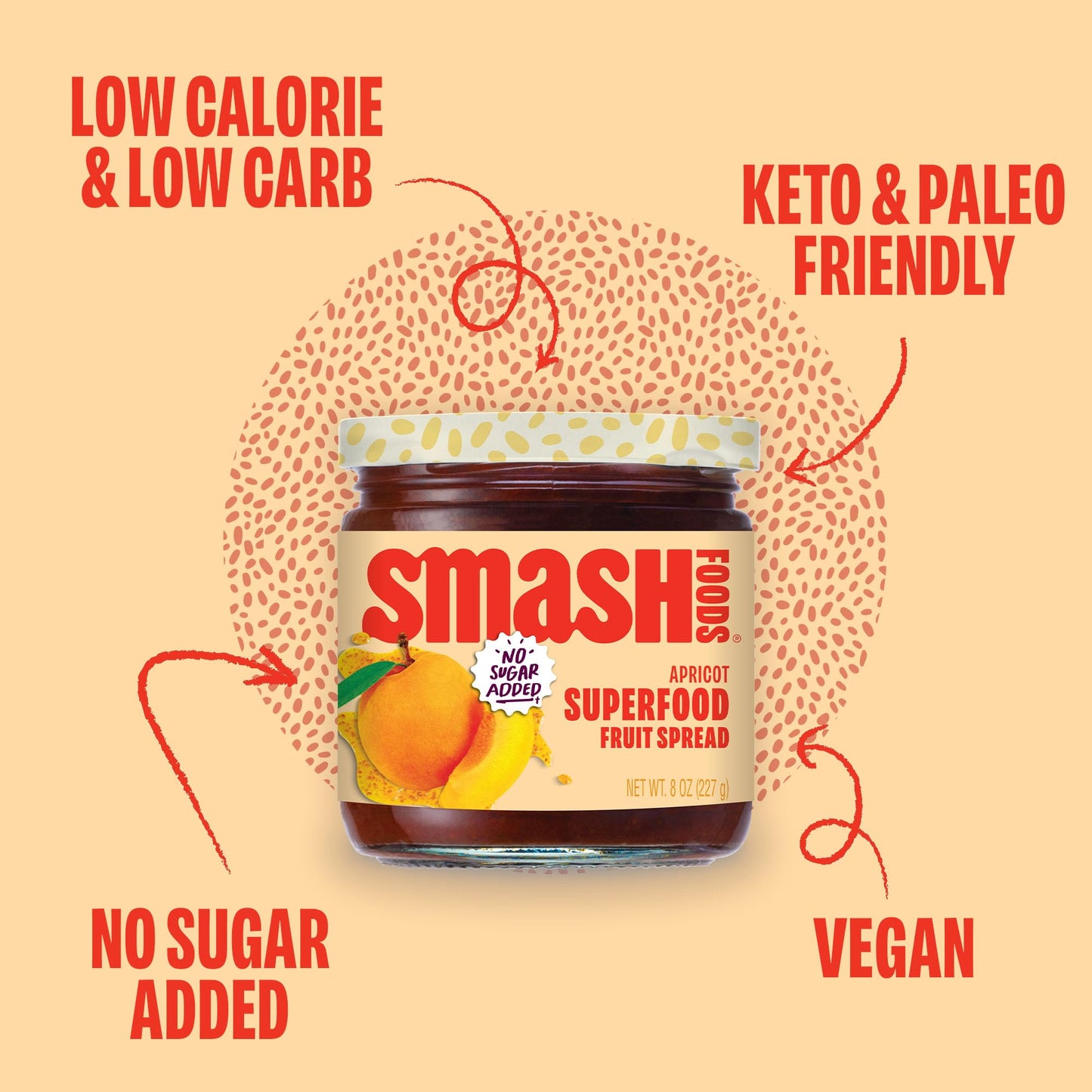 Smash Foods Apricot Jam | Low-Calorie, No Sugar Added Keto Jam With Upcycled Fruit & Chia Seeds | Vegan, Paleo Superfood Fruit S