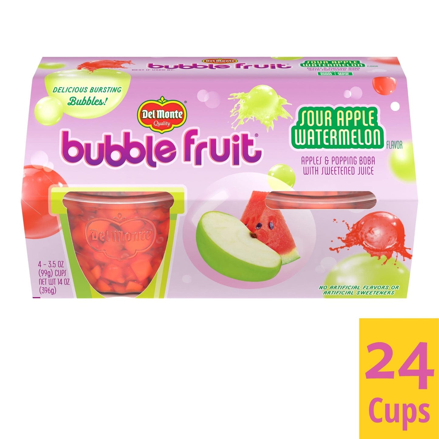 Del Monte Bubble Fruit Sour Apple Watermelon Fruit Cup Snacks, 4 Count (Pack Of 6)