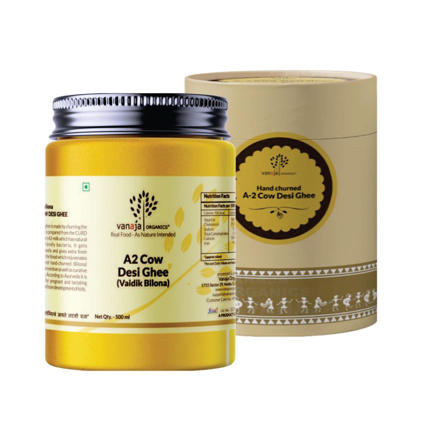 Vanaja Organics A2 Cow Vedic Bilona Desi Ghee From Grass Fed Native Cows Grainy & Aromatic Keto Friendly - 500 Ml