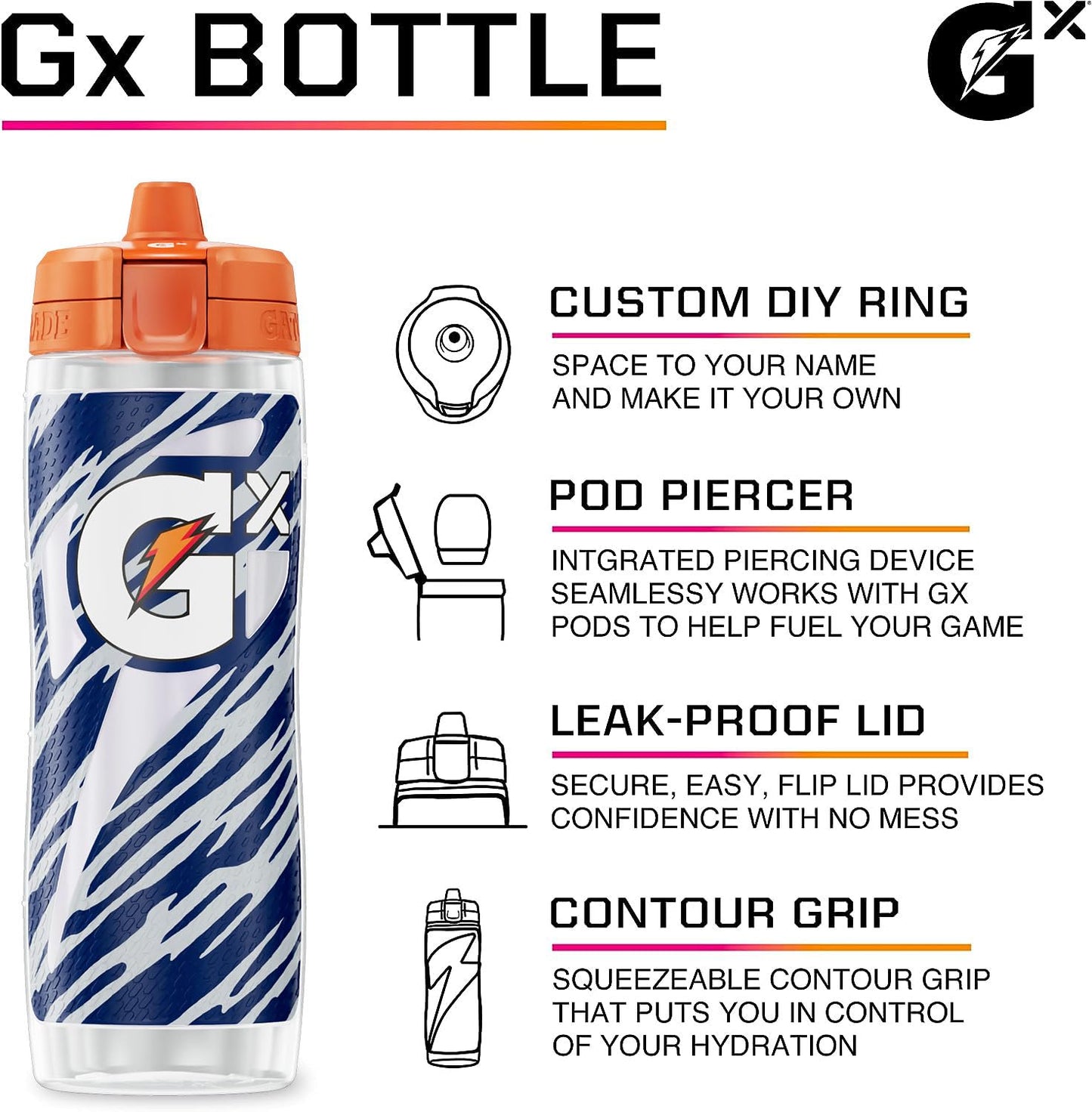Gatorade Gx NFL Non-Slip Squeeze Bottles & Hydration System, 30 Ounces, Plastic, Indianapolis Colts, Model 10052000056874
