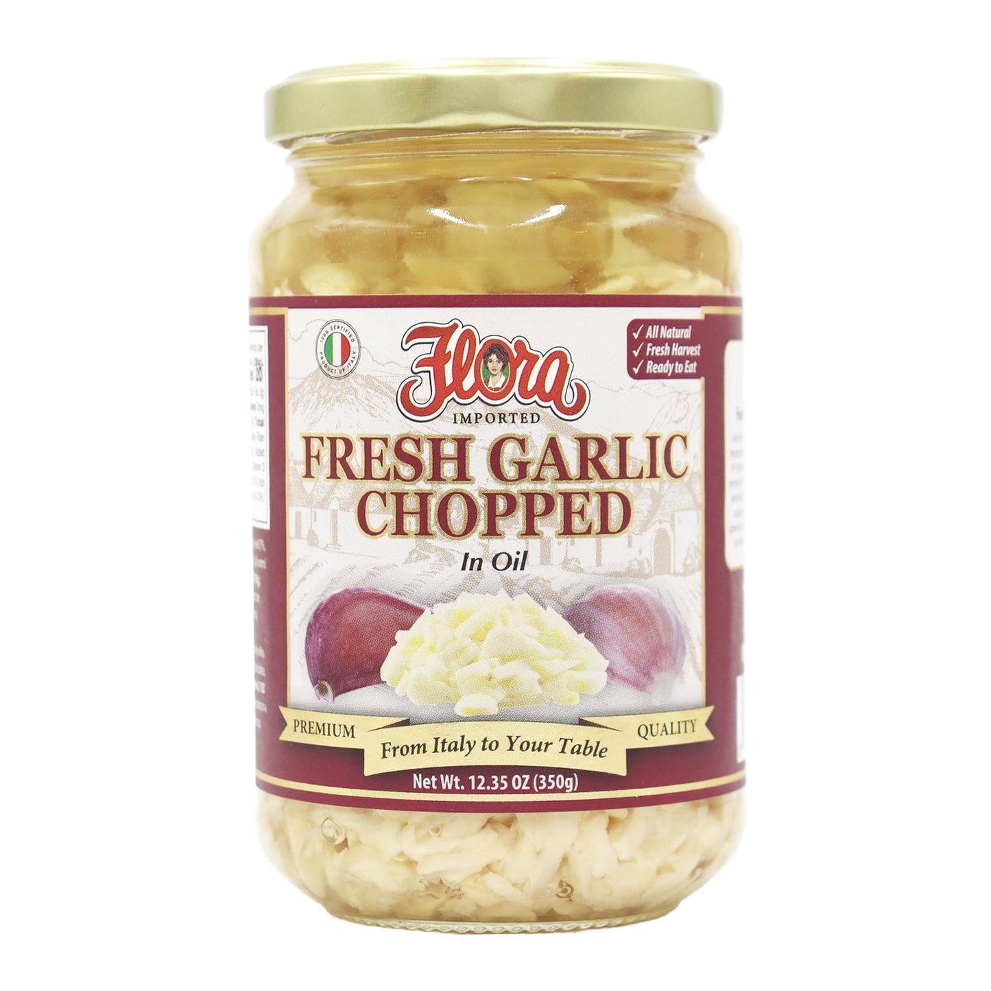 Flora Foods Italian Fresh Garlic Chopped In Oil Mild Flavor - 12 Oz Jar - Ready-to-Use for Cooking & Seasoning - Imported