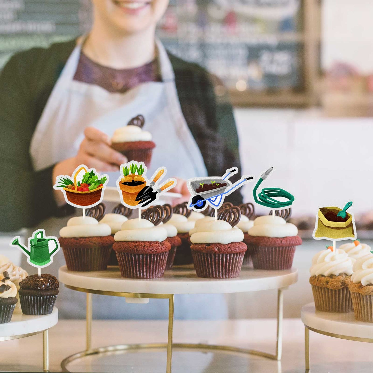 Mefeng 18 Pcs Vegetable Garden Theme Cupcake Topper, Garden Tool Summer Party Dessert Cupcake Decorations - Spring Theme Party D