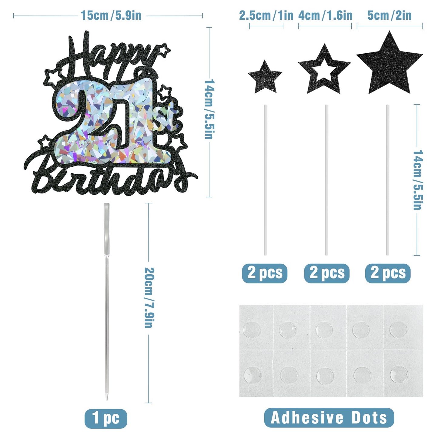 Happy 21St Birthday Cake Topper, Black Glitter And Gem Patterns Card Stock Cake Toppers, 21 Year Birthday Party Cake Decoration