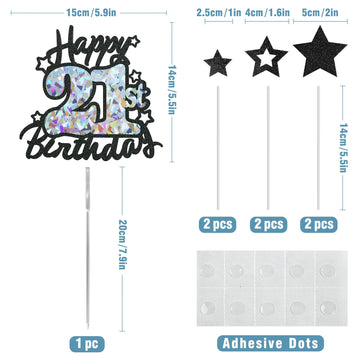 Happy 21St Birthday Cake Topper, Black Glitter And Gem Patterns Card Stock Cake Toppers, 21 Year Birthday Party Cake Decoration