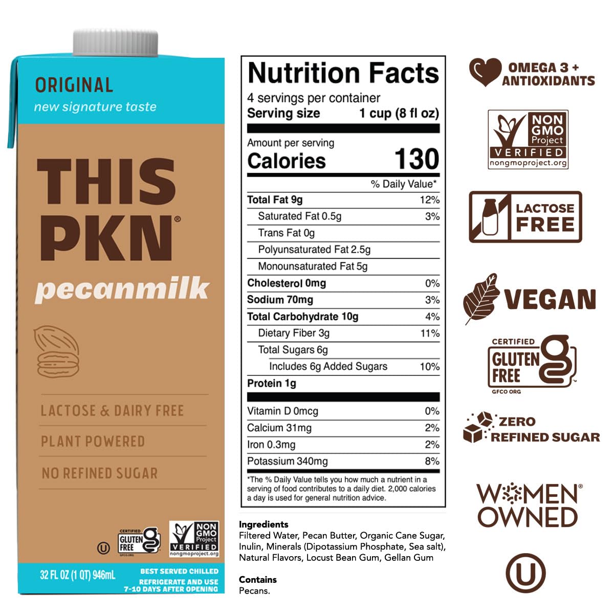 PKN Pecan Milk - Original Non-Dairy Milk Alternative, Made from Real American Pecans, Plant-Based Nut Milk, Lactose-Free, Vegan,
