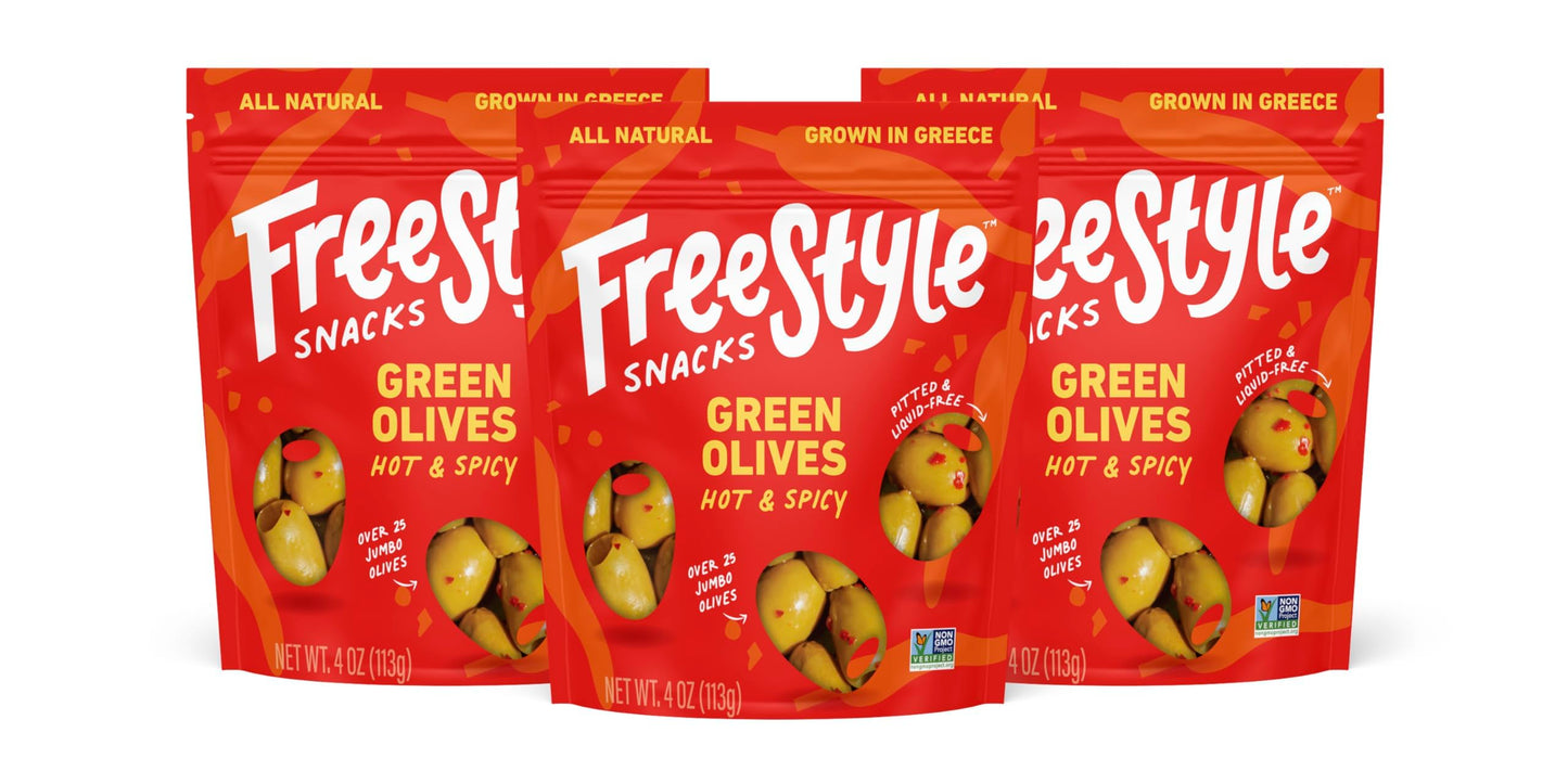 Freestyle Snacks Olive Snack Packs - Fresh Pitted Green Olives, Jumbo-Sized, Grown In Greece, All Natural, Non-Gmo, Paleo, Sugar