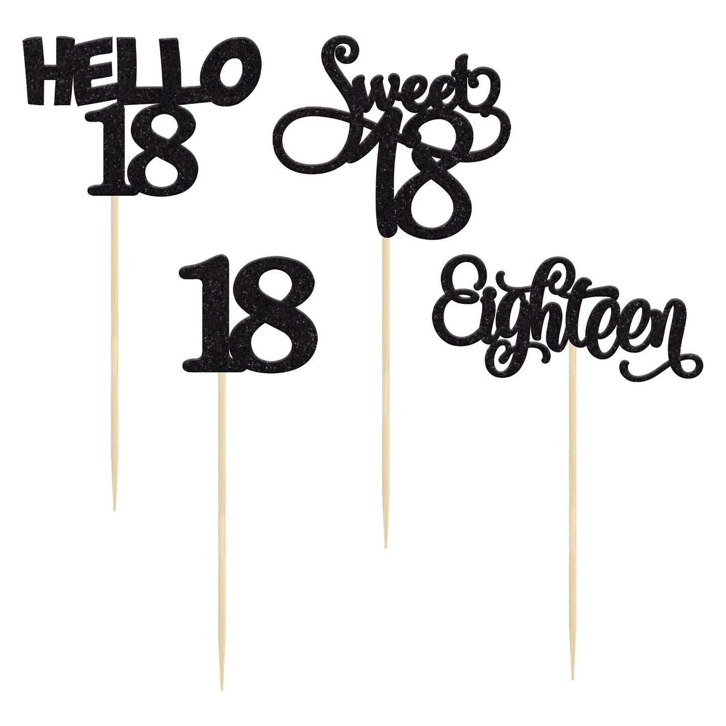 Gyufise 24Pcs Black Glitter 18th Birthday Cupcake Toppers Sweet 18 Hello 18 Eighteen Cupcake Picks for 18th Birthday Cake Decora