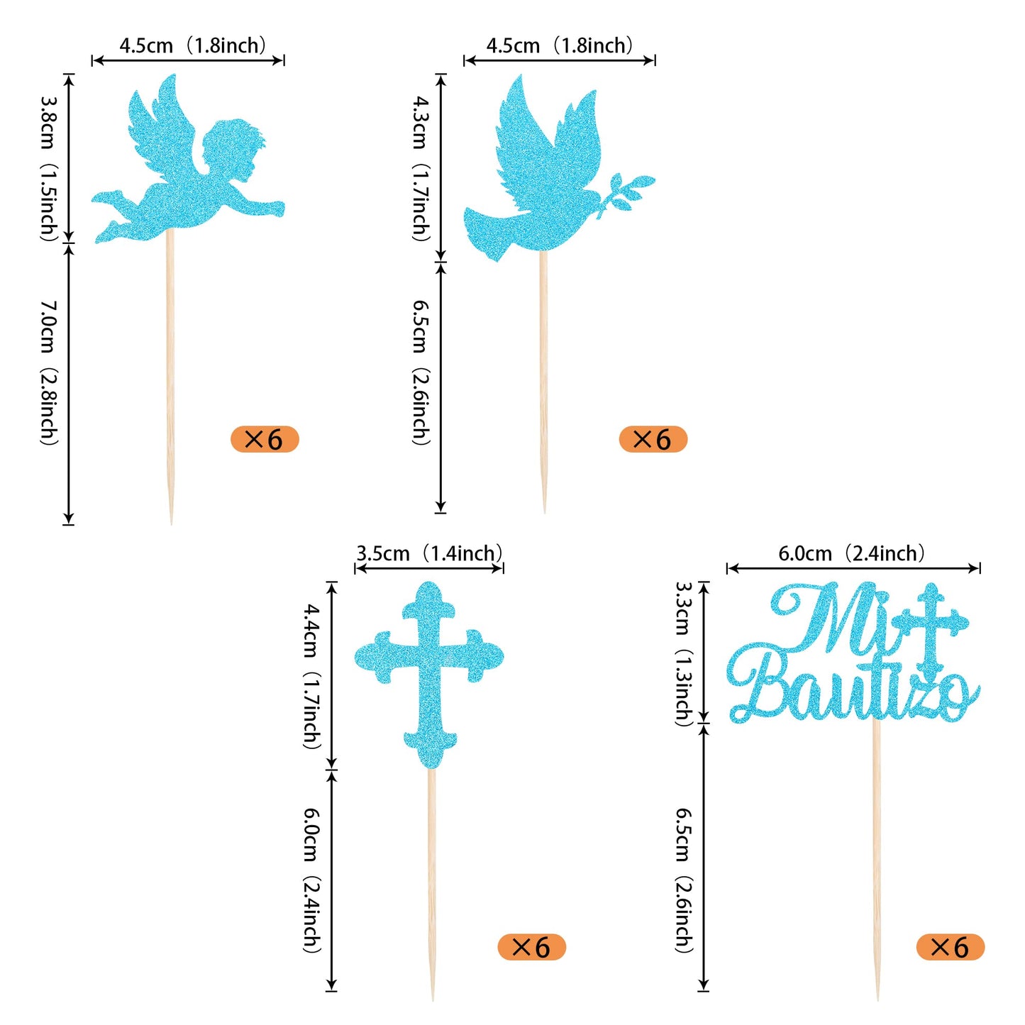 YCTHUNFISH Cupcake Toppers, 24 Pack, Bamboo, Glitter Cross, Blue, Religious Baptism/Party Decorations