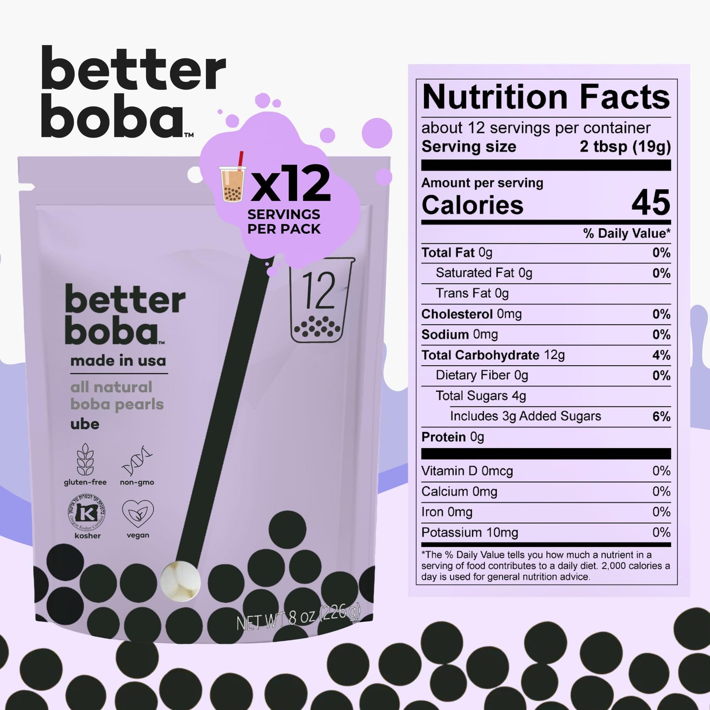 Better Boba All-Natural Ube Boba Pearls 8 Oz | Kosher, Vegan, Gluten-Free, Non-Gmo Popping Boba For Bubble Tea, Desserts | 12 Se