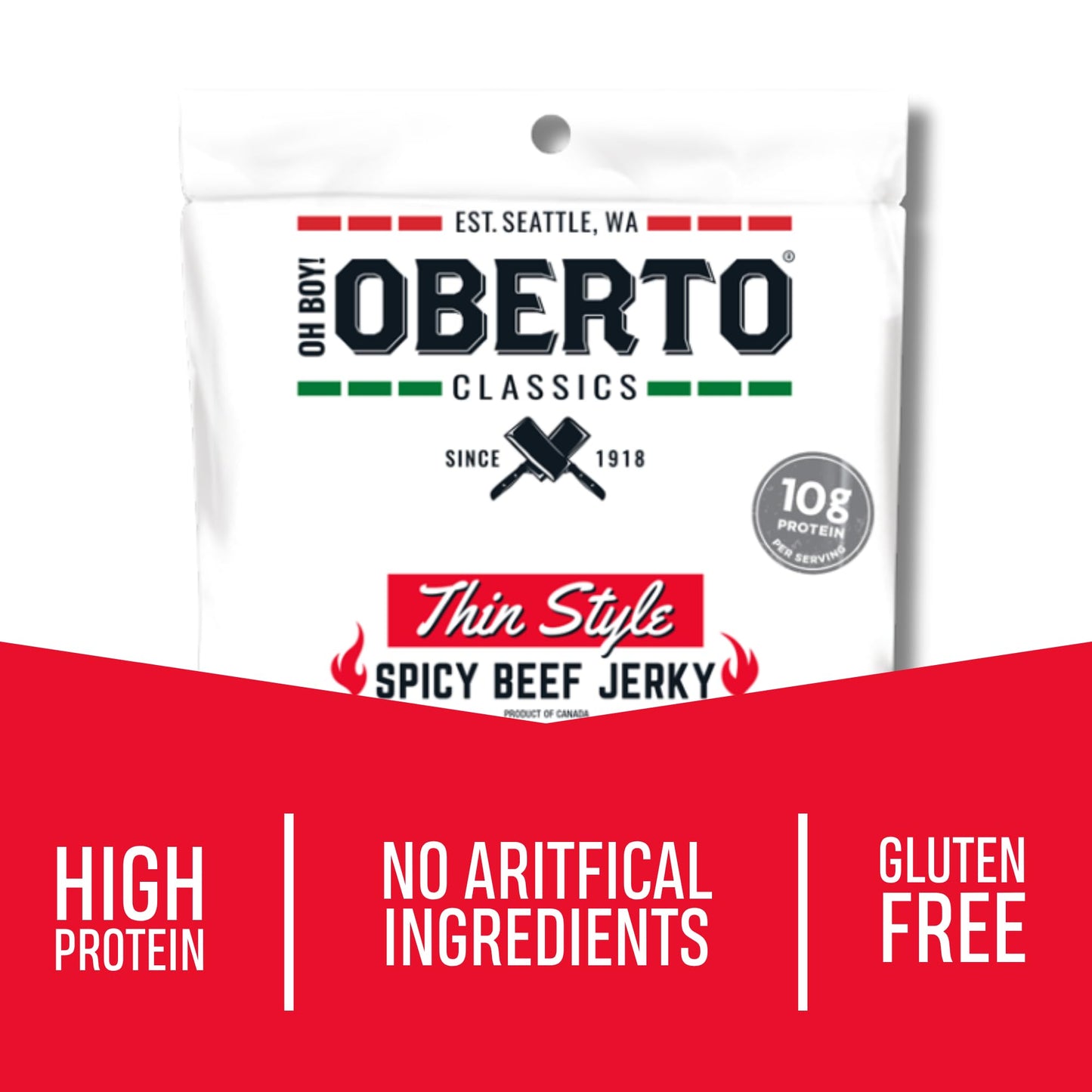 Oberto Classics Thin Style Beef Jerky  Spicy Flavor  No Artificial Ingredients  High Protein  Gluten Free  Wood Smoked  enhanced Steak Beef Jerky High Protein Snacks  2.2 Ounce (Pack of 8)